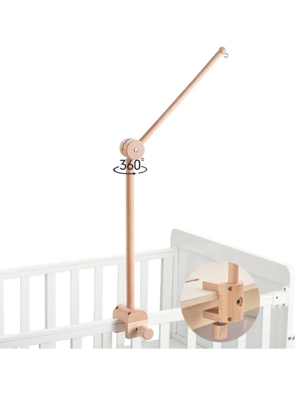 Rotating Crib Mobile Arm - Natural Beech Wood Nursery Decor for Baby Girls